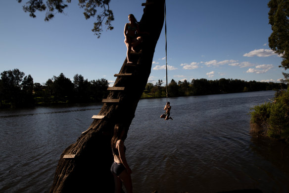 Matt Vincent, Klara Egan (in tree) and Adele Brett use the rope swing on the Nepean River at Tench Reserve, Jamisontown, on Wednesday.