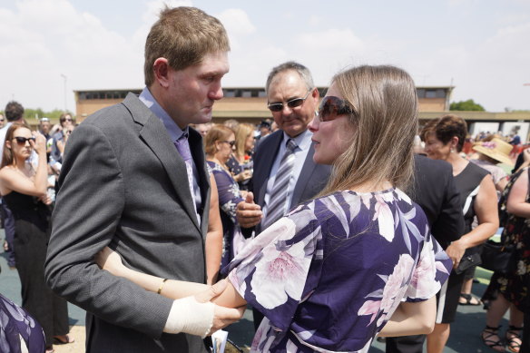 Samuel McPaul's widow Megan with firefighter Rodney O’Keefe, who was injured on the night her husband was killed.