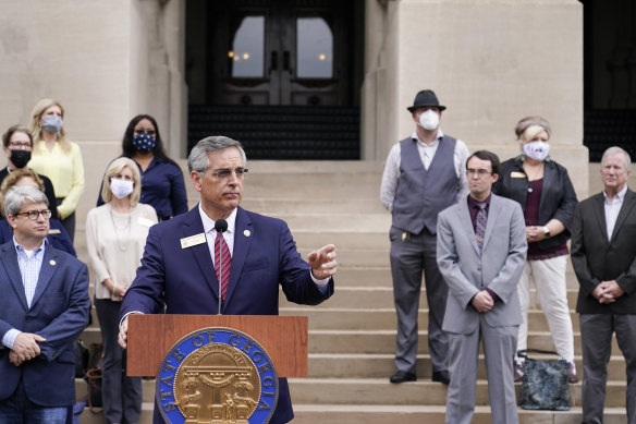 Georgia Secretary of State Brad Raffensperger speaks during a news conference in Atlanta last week.