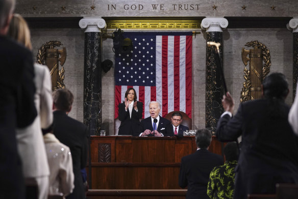 Biden delivering his fiery State of the Union address.