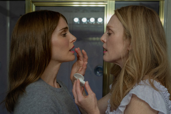 Natalie Portman, left, and Julianne Moore in a pivotal scene from May December.