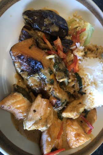 The salmon red curry from Barzura cafÃ© in Coogee.