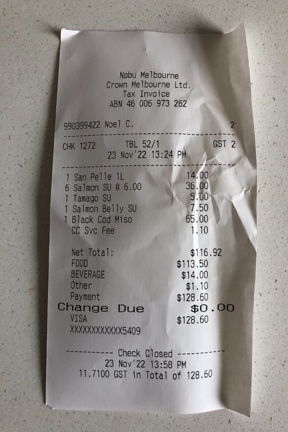 The bill for lunch at Nobu.