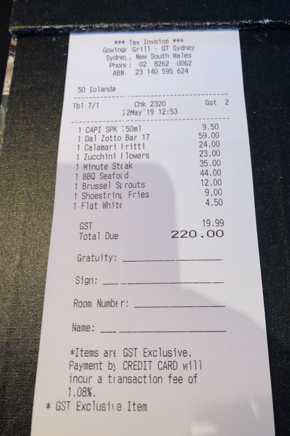The bill please: Moodley and journalist Garry Maddox dined at Gowings Grill at the QT in Sydney.