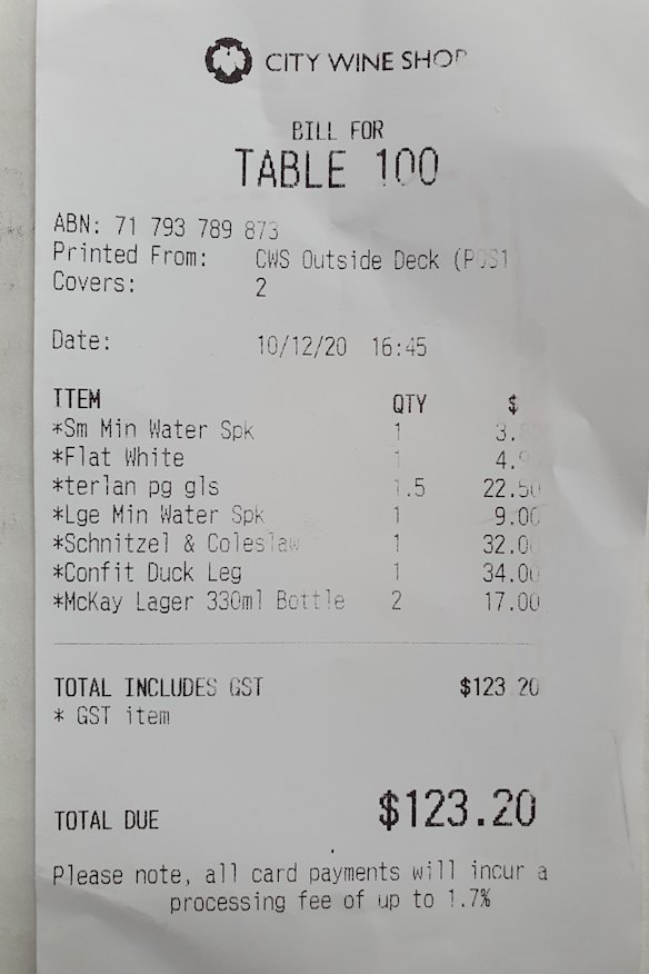 The receipt from City Wine Room.