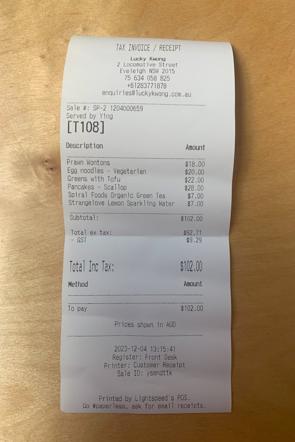 The bill for lunch at Lucky Kwong.