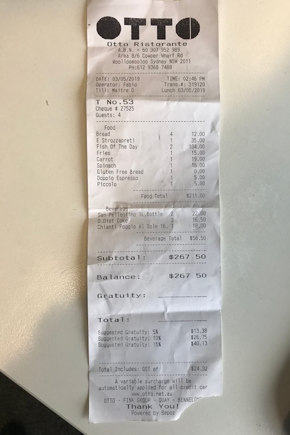 The bill for lunch at Otto