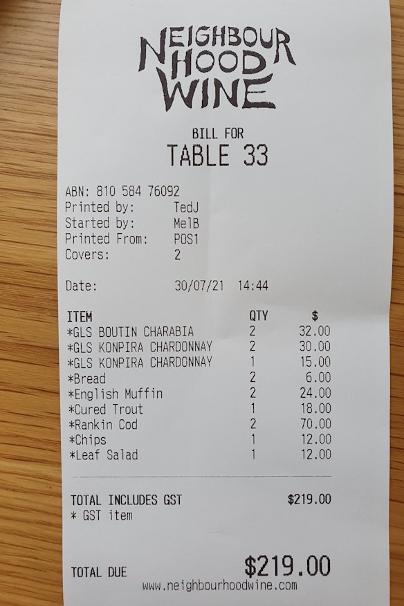 Receipt for lunch at Neighbourhood Wine.