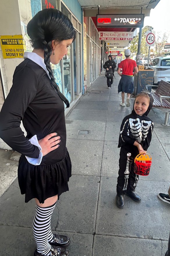 Raven, 5, meets Wednesday Adaams, played by Margaret Caddy, in Preston. 