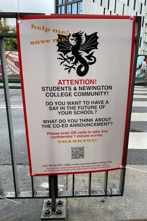 A poster outside Redfern station promoting a survey run by Newington parents opposing the co-ed move.
