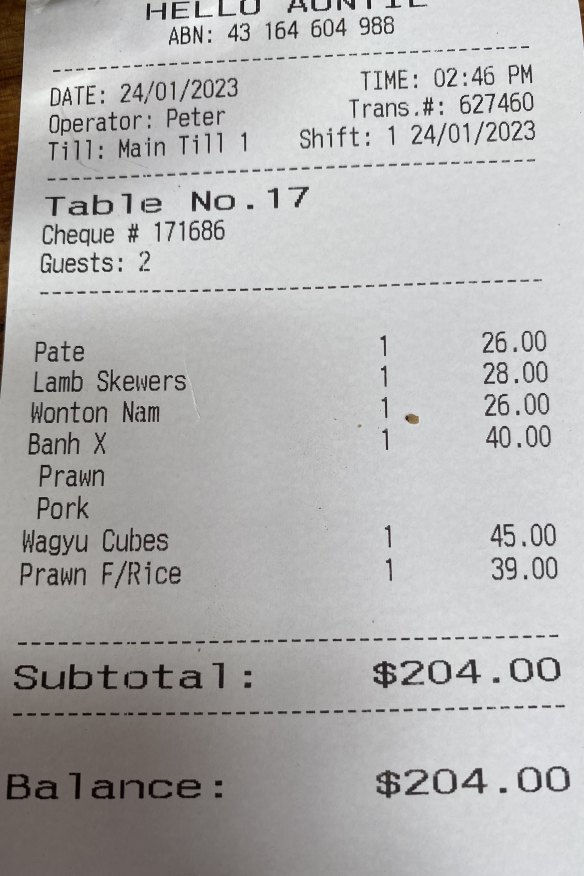 Bill for lunch with Behrouz Boochani.