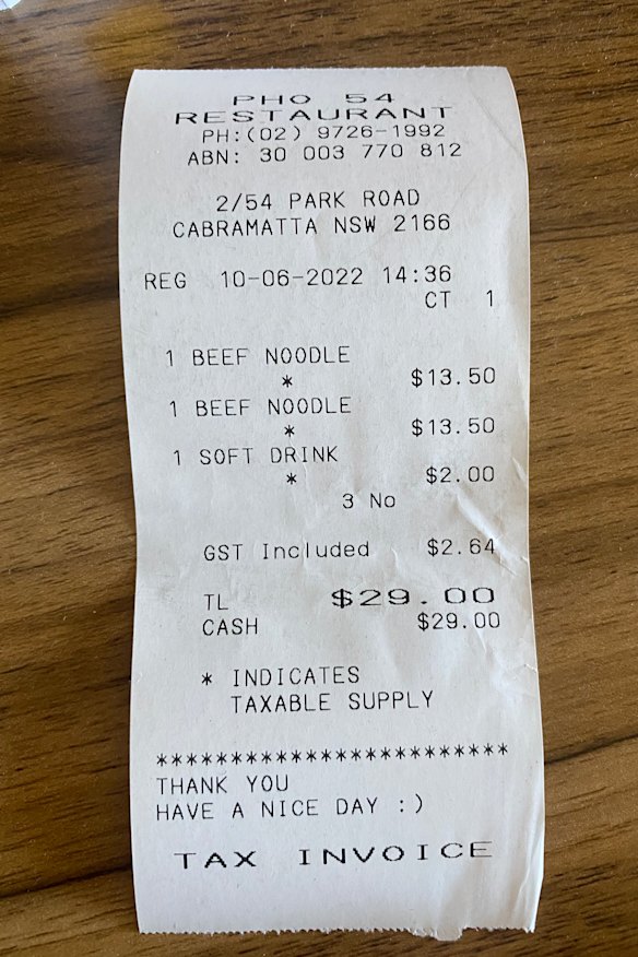 Going local: The bill from Pho 54.