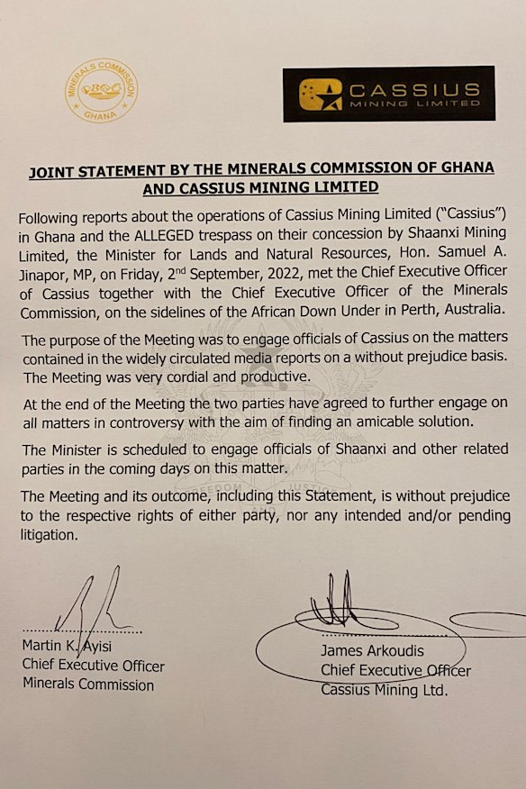 The statement signed by the Minerals Commission of Ghana and Cassius Mining.