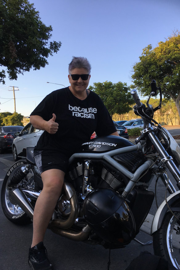 Lucashenko astride a Harley-Davidson, which features in her book Too Much Lip.