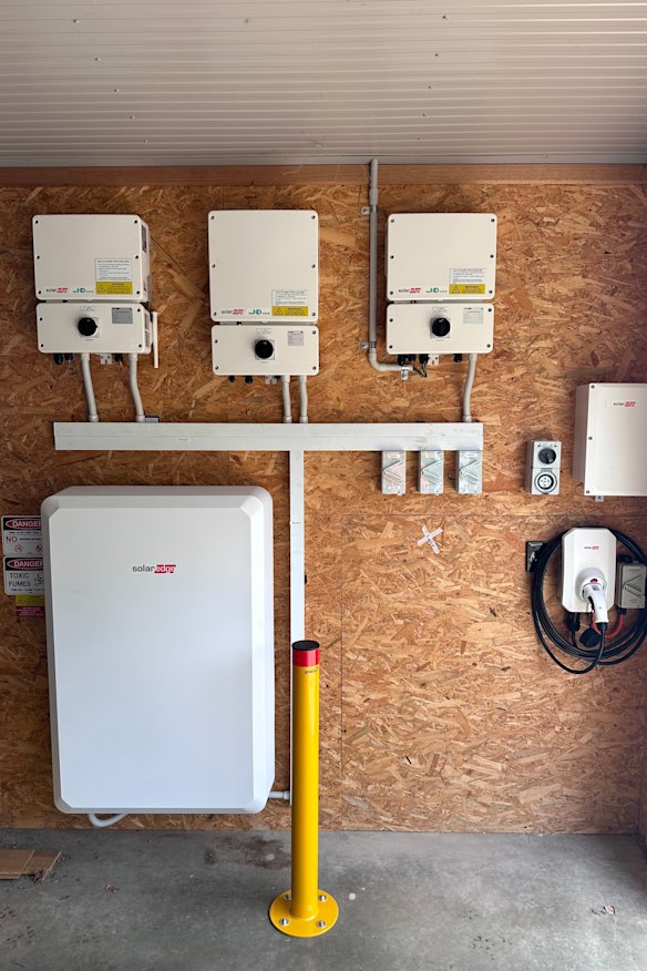 Household batteries store unused energy from solar panels.
