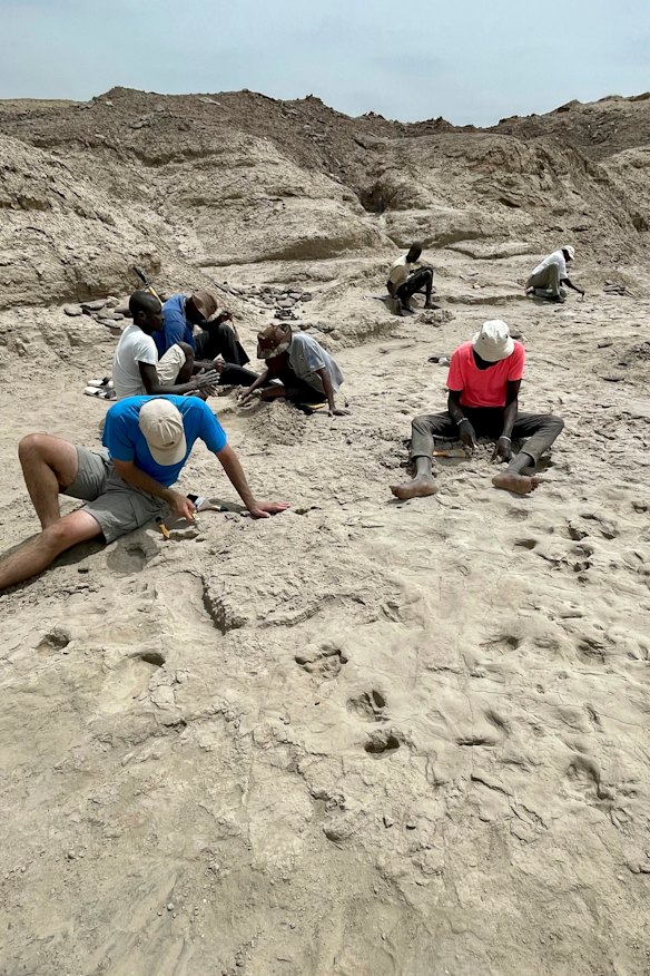 Scientists study fossil footprints for clues about co-existing species of early human ancestors at the excavation site on the eastern side of Lake Turkana in northern Kenya, in 2022.