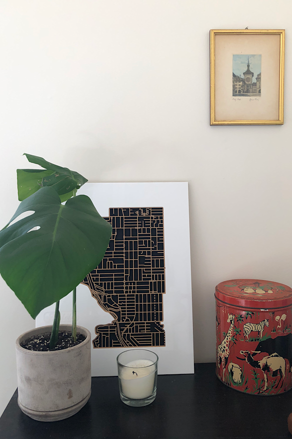 Proud Pascoe Vale resident Joe Comer has a woodcut of the suburb on his wall. 