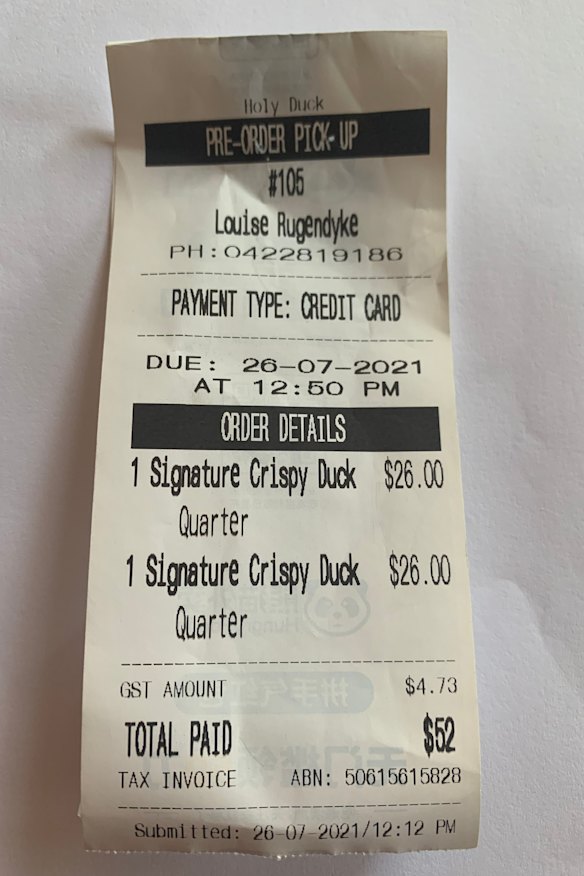 The receipt from Holy Duck! for lunch with Dr Norman Swan. 