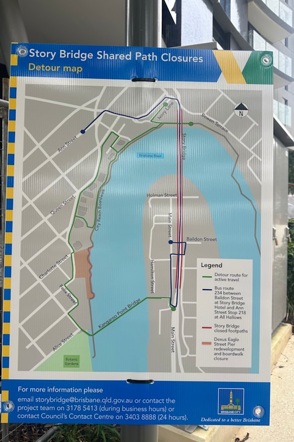 The Story Bridge detour map, posted at the Kangaroo Point Bridge.