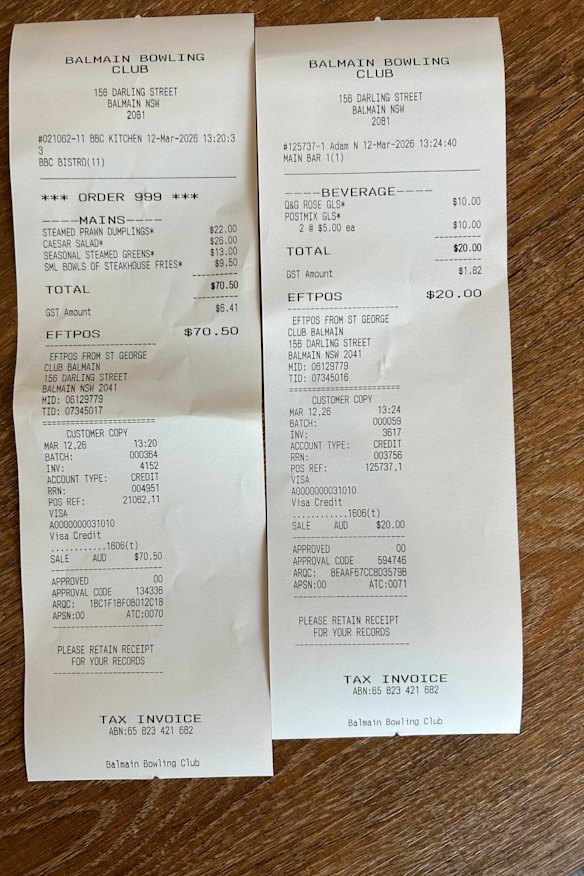 Receipt for lunch at Balmain Bowling Club.