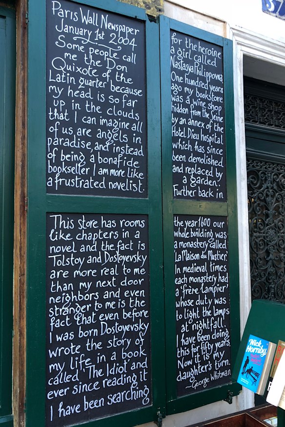 George Whitman’s “wall newspaper” outside the store on New Year’s Day, 2004.