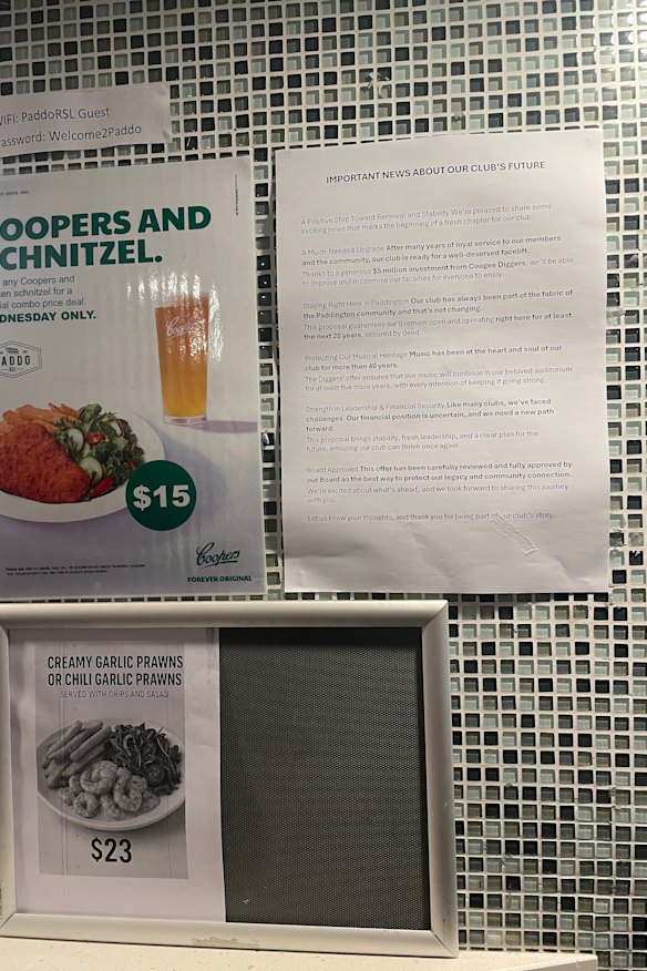 A notice in the Paddo RSL bistro that incorrectly told members the deal would guarantee its future “for at least the next 20 years, secured by deed”. 
