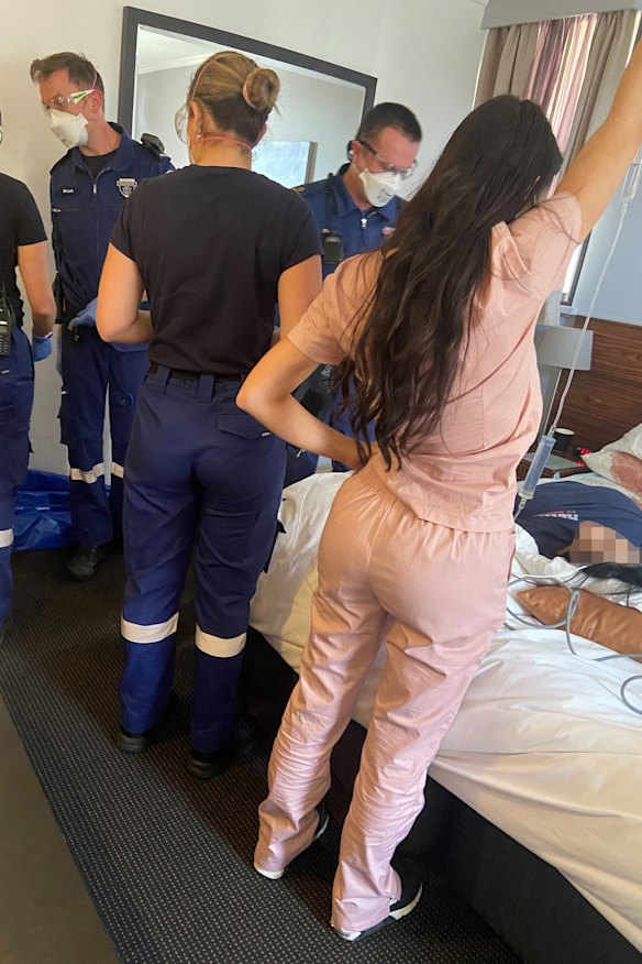 Marie in a hotel room with paramedics after a cosmetic surgery procedure with an associate of Dr Daniel Lanzer.