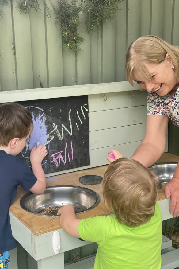 Marg Jewell with her grandkids, the eldest of whom was due in Georgia when the pandemic began. “We do  life pretty well together,” she says, of her full home.