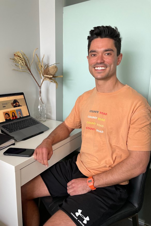 Lucas Ferrier, Salvation Army’s e-commerce manager, in his work from home outfit purchased from the online op shop. 