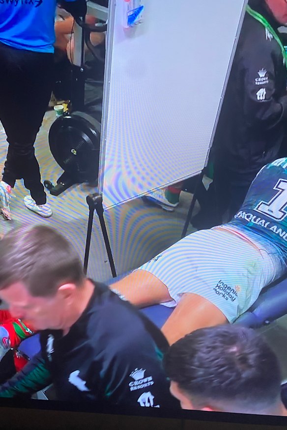 Latrell Mitchell’s calf was worked on throughout most of half-time on Friday night.