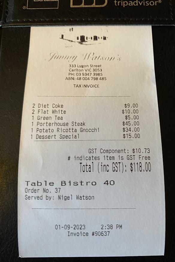 The bill at Jimmy Watson’s after a long lunch.