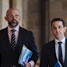 Treasurer David Janetzki and Premier David Crisafulli with the 2025-26 state budget papers.