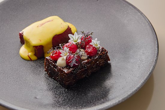 Gundagai lamb, eggplant cream, cherry tomatoes and saffron sauce.