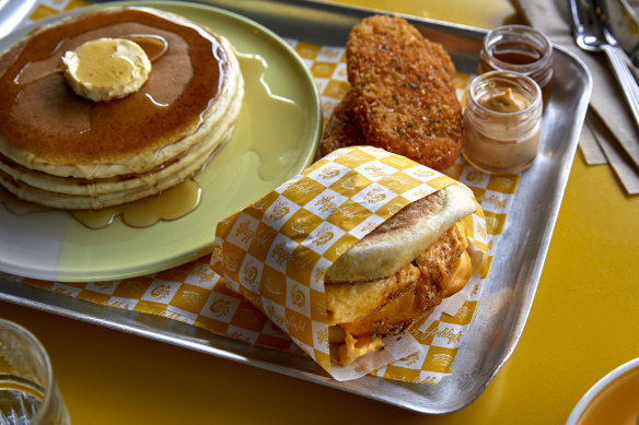 Go-to dish: The Happiest Meal comprises two hash browns, a “McLovin Muffin” with egg, cheese and chicken sausage, and three pancakes.