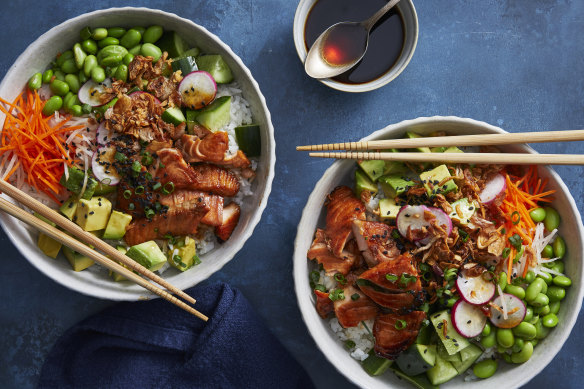 Salmon rice bowls with DIY teriyaki dressing.