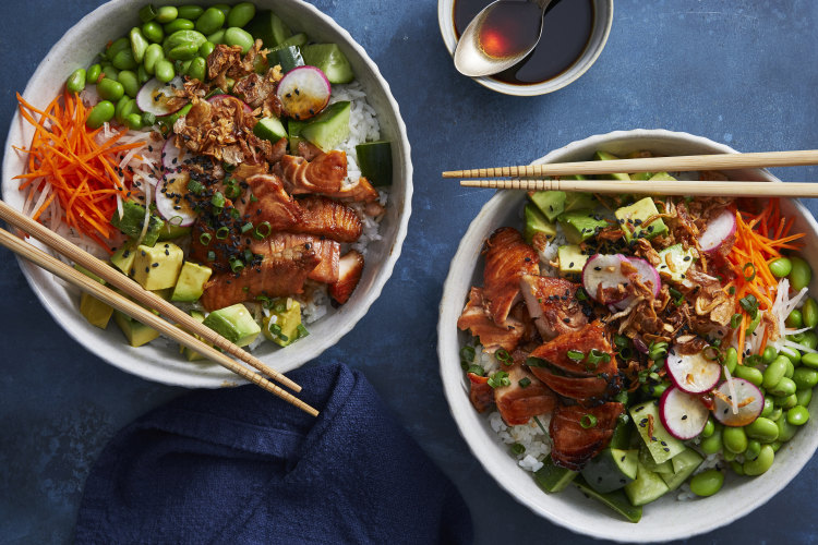 Salmon rice bowls with DIY teriyaki dressing.