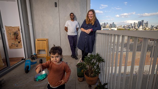 Sabrina Baker and Nagesh Seethiah with son Marcel, 2, happily living in an Assemble apartment.