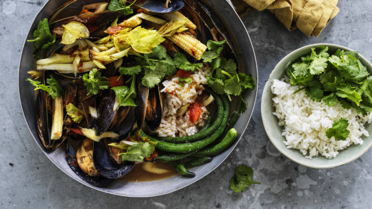 Thai mussel and celery curry.