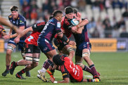 Scott Barrett of the Crusaders charges forward during the round 15 Super Rugby match against the  Reds at Orangetheory Stadium.