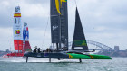 Australia’s SailGP Team helmed by Tom Slingsby during a practice race on Sydney Harbour in December 2021. Teams Spain and France are in the background.