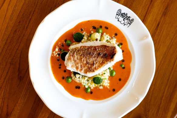 Crisp-skinned red mullet on sauce Americaine with fregola.