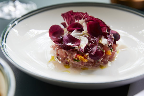 Albacore tuna with pickled rose petals and finger lime at The Waratah.