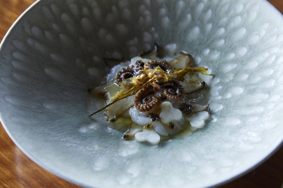 Wild blacklip abalone, young octopus, raw scallops, seaweed and aged vinegar.