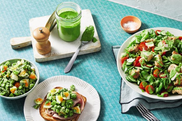 Green goddess egg salad open sandwich.