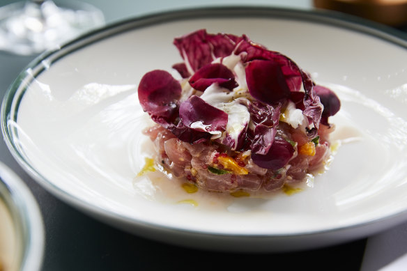 Albacore tuna with pickled rose petals and finger lime at The Waratah.