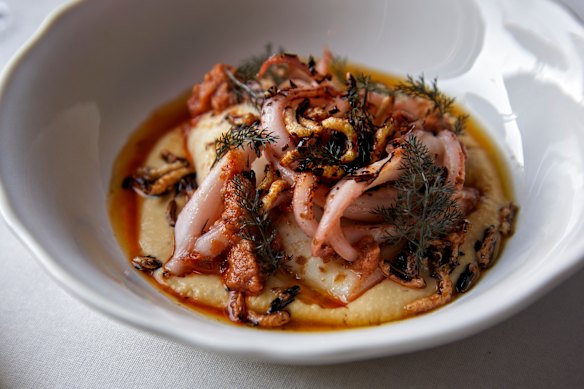 Chargrilled Southern calamari with ’nduja and chickpea puree.
