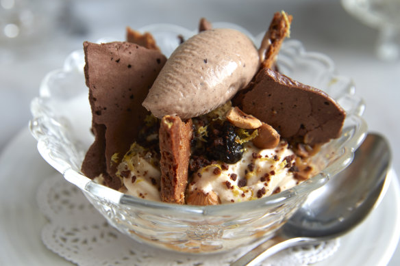 Chestnut cake topped with truffle ice-cream.