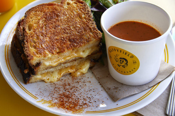 Old Bay grilled cheese with a cup of tomato soup.