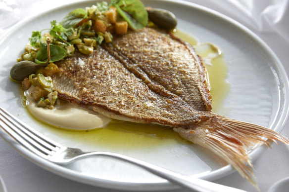 Line-caught butterflied baby snapper with smoked garlic aioli at Catalina in 2024.