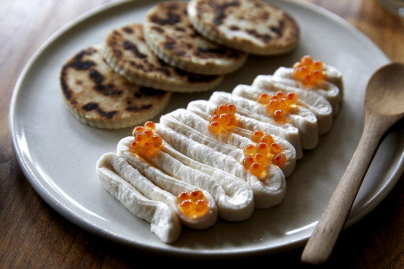 Piadina, taramasalata and salmon roe.